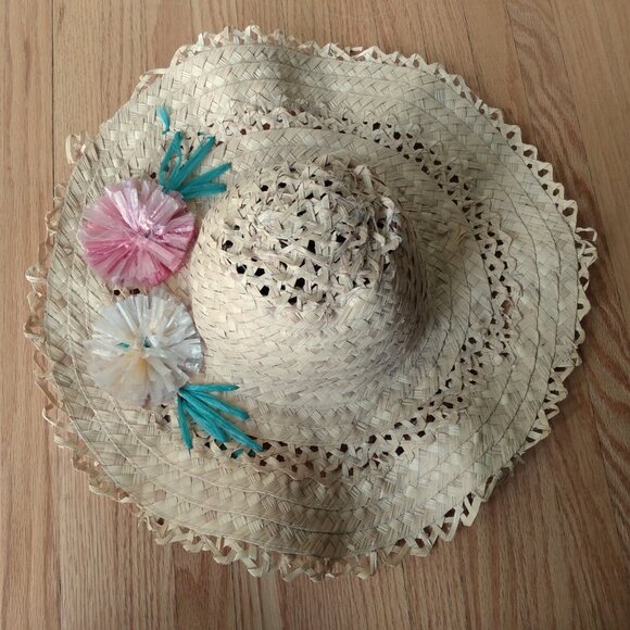 Vintage Straw Sun Hat with Cellophane Flowers Retro Rockabilly Summer Beach Wear - Picture 9 of 12